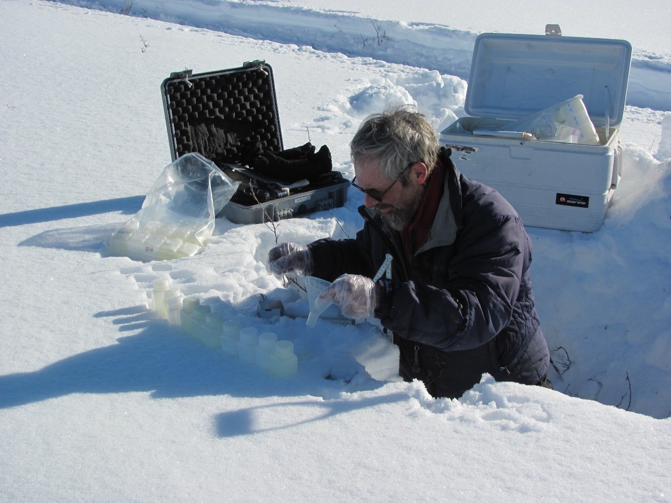 Standing in a field-site pit, Matthew Sturm collects snow samples. Different types influence the albedo of snow cover. 
