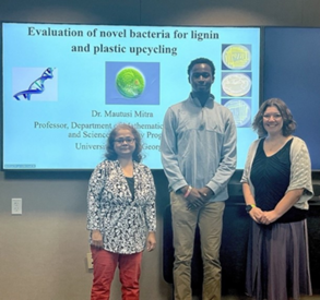 University of West Georgia Professor Mautusi Mitra (left) and student Chukwuemeka Okpala (center)—with Oak Ridge National Laboratory scientist Carrie Eckert—presented their research findings on plastic upcycling during the DOE Visiting Faculty Program.