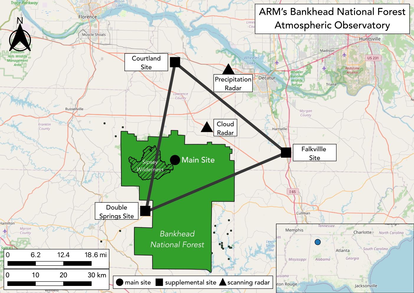 This map shows the locations of the Bankhead National Forest observatory’s main site (circle), supplemental sites (squares), and scanning radars (triangles). 