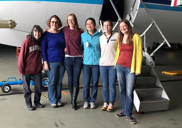 Maria Zawadowicz, second from left, joined other scientists on aircraft research flights during ARM’s Aerosol and Cloud Experiments in the Eastern North Atlantic (ACE-ENA). Photo by Jason Tomlinson, Pacific Northwest National Laboratory.
