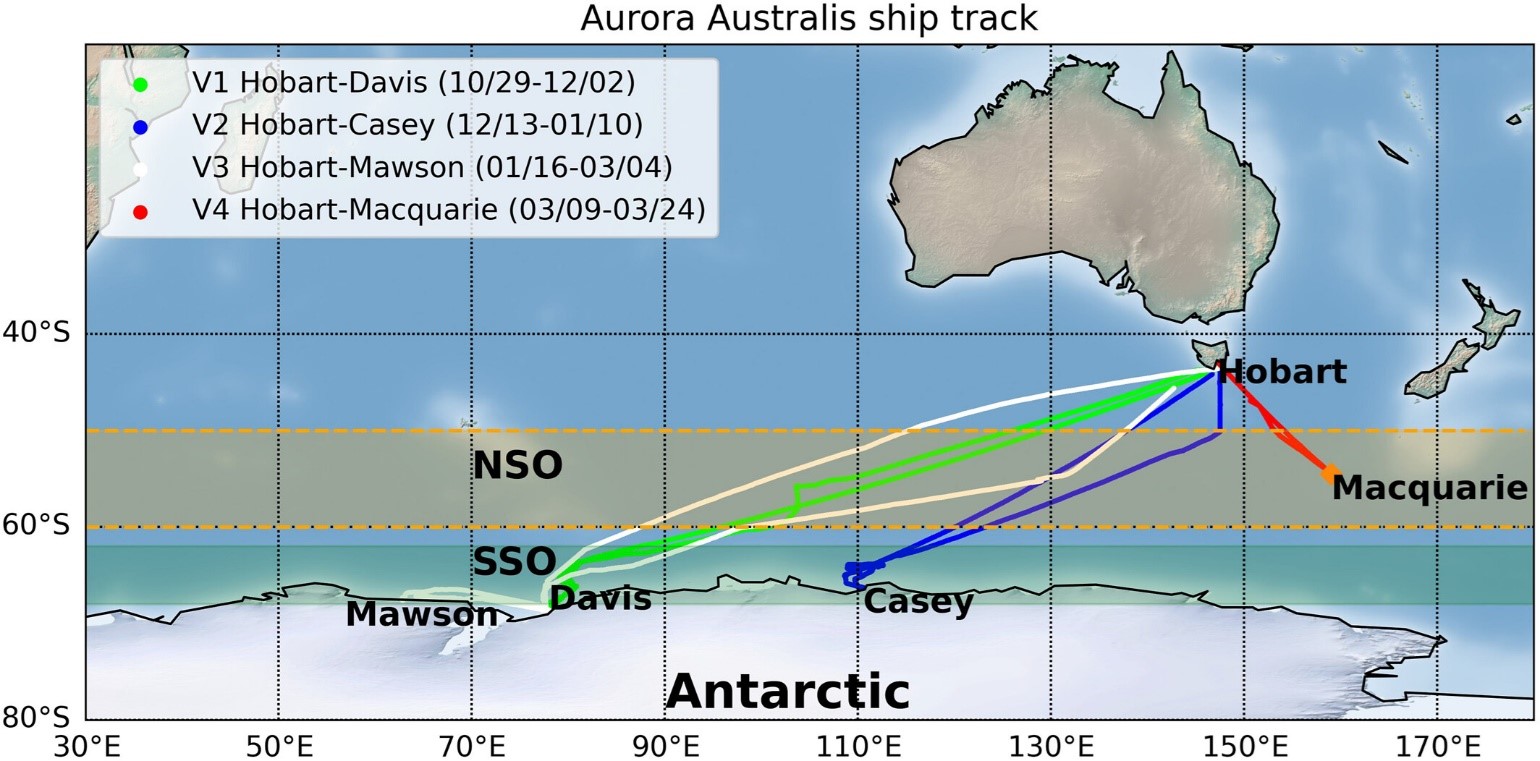 From a May 2024 paper coauthored by McFarquhar: Ship tracks during MARCUS with voyages illustrated by color, as shown in the legend. The orange and green shaded areas represent the north Southern Ocean (NSO) and south Southern Ocean (SSO), respectively. Figure is courtesy of JGR Atmospheres. 