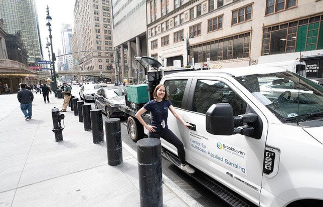 Brookhaven National Laboratory will deploy a Doppler lidar mobile unit in Houston during TRACER’s intensive operational period. The unit is seen here in New York City in June 2021 with atmospheric scientist Katia Lamer. Photo is courtesy of Brookhaven National Laboratory.