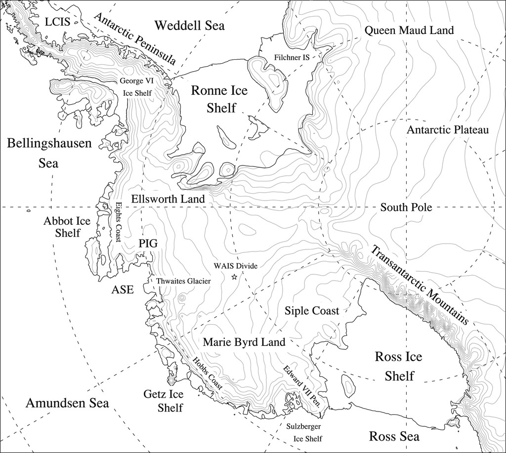 Map of West Antarctica used in a 2019 paper by former Lubin graduate student Ryan C. Scott. Topographic contours are shown at 250-meter intervals. Map courtesy of the Journal of Climate. 
