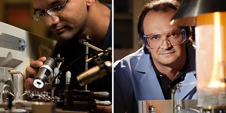 Swarup China, left, and Alexander Laskin, right, analyze atmospheric aerosols in search of their hard-to-describe chemistry. Photo of China is by Andrea Starr, Pacific Northwest National Laboratory.
